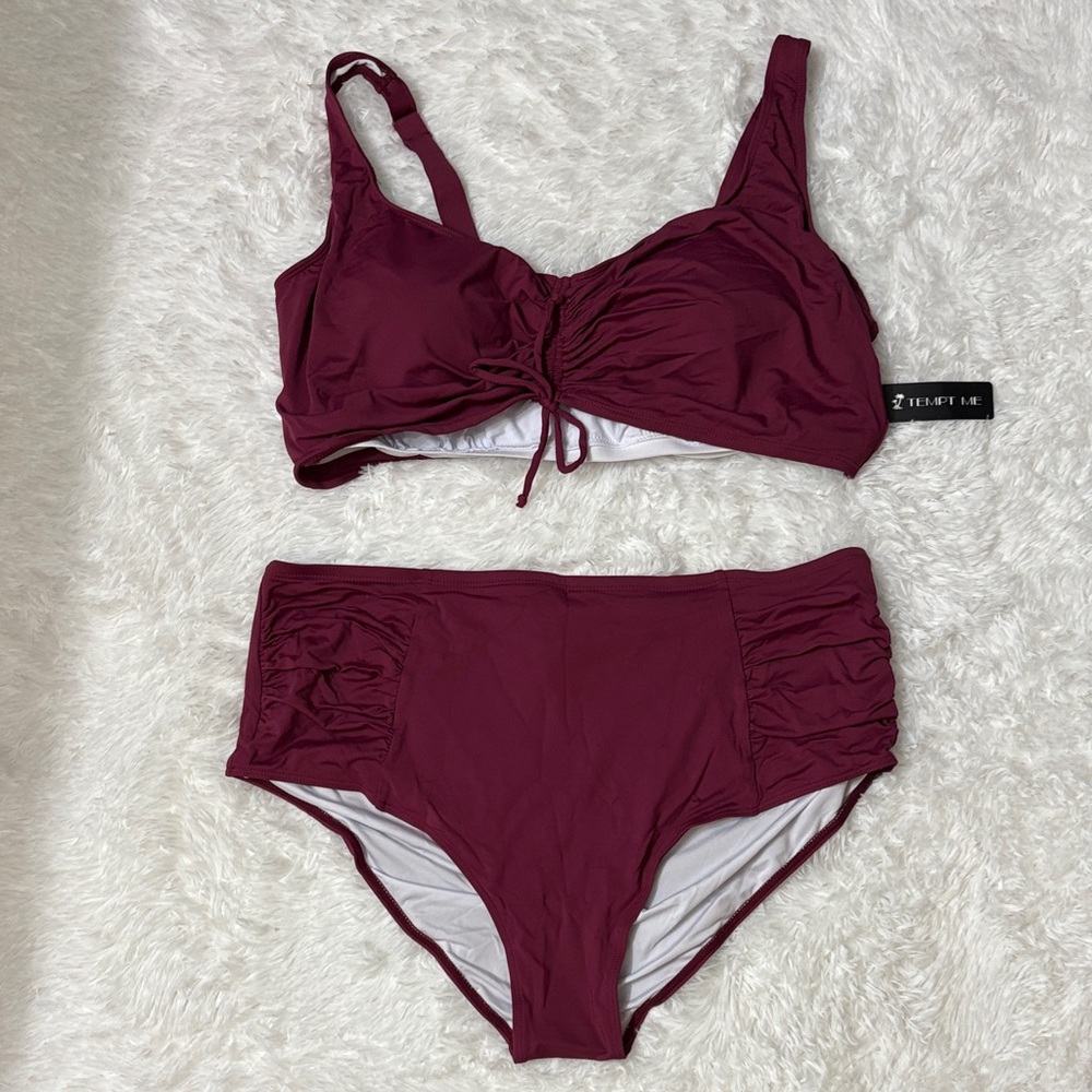 NWT Tempt Me Burgundy 2 Piece Underwire Drawstring Swim Set 22W